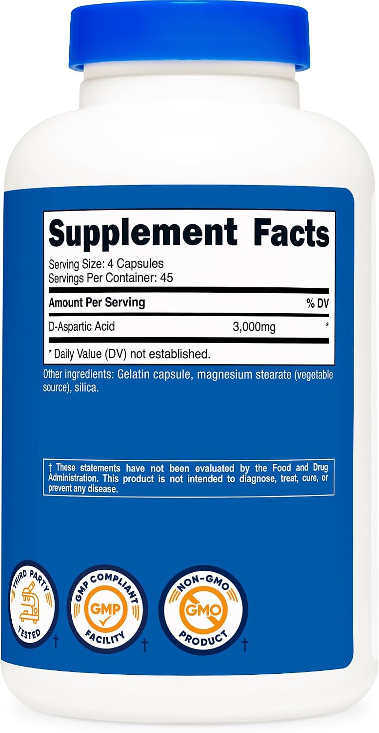 Nutricost D-Aspartic Acid Capsules – 3000mg per Serving, 180 Capsules per Bottle (2 Pack) - görsel 5