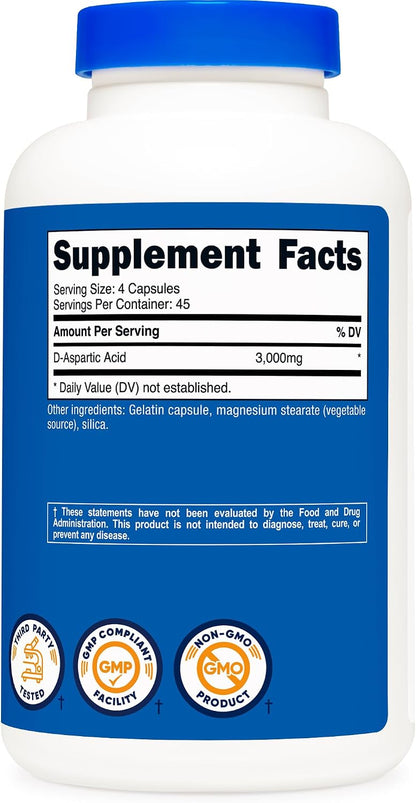 Nutricost D-Aspartic Acid Capsules – 3000mg per Serving, 180 Capsules per Bottle (2 Pack)