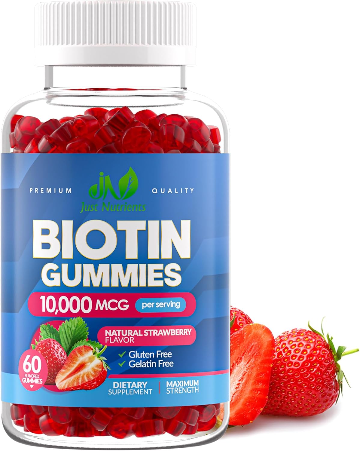 Biotin 10,000mcg Gummies for Hair, Skin & Nails - 2x Maximum Strength Biotin Vitamins for Women & Men - Gluten-free, Vegan, Non-GMO, Great Tasting Strawberry Flavour - 60 Gummies - görsel 1