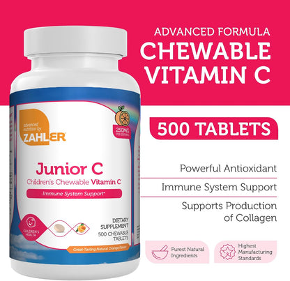 Zahler Junior C Advanced Chewable for Kids - Vitamin C 250mg - Orange Flavour - 500 Count