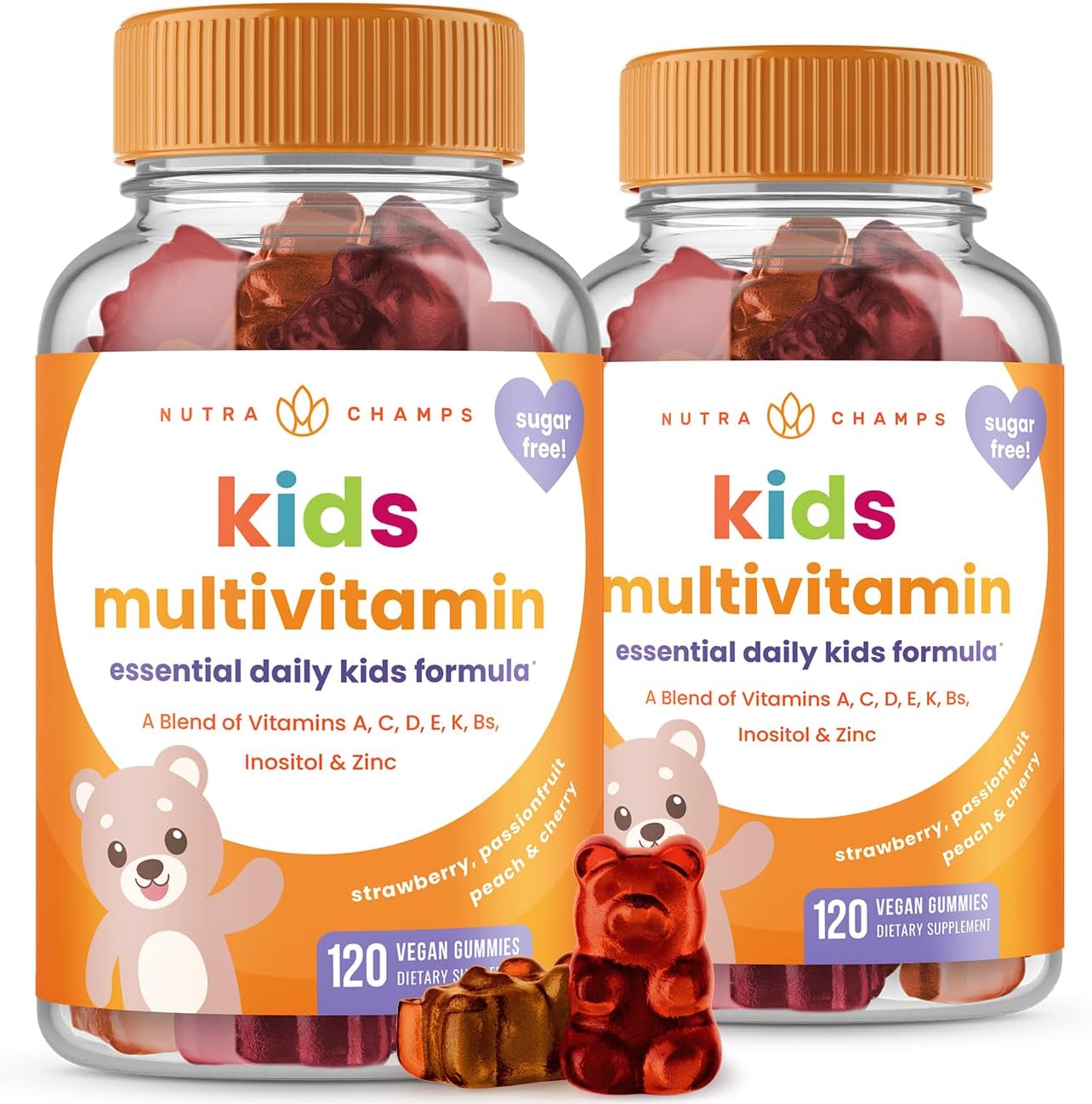 NutraChamps 120 Gummy Vitamins for Kids (Pack of 2), Sugar Free Kids Vitamins Gummy Multivitamin, Vegan & Non-GMO, Strawberry, Passionfruit, Peach & Cherry - görsel 1