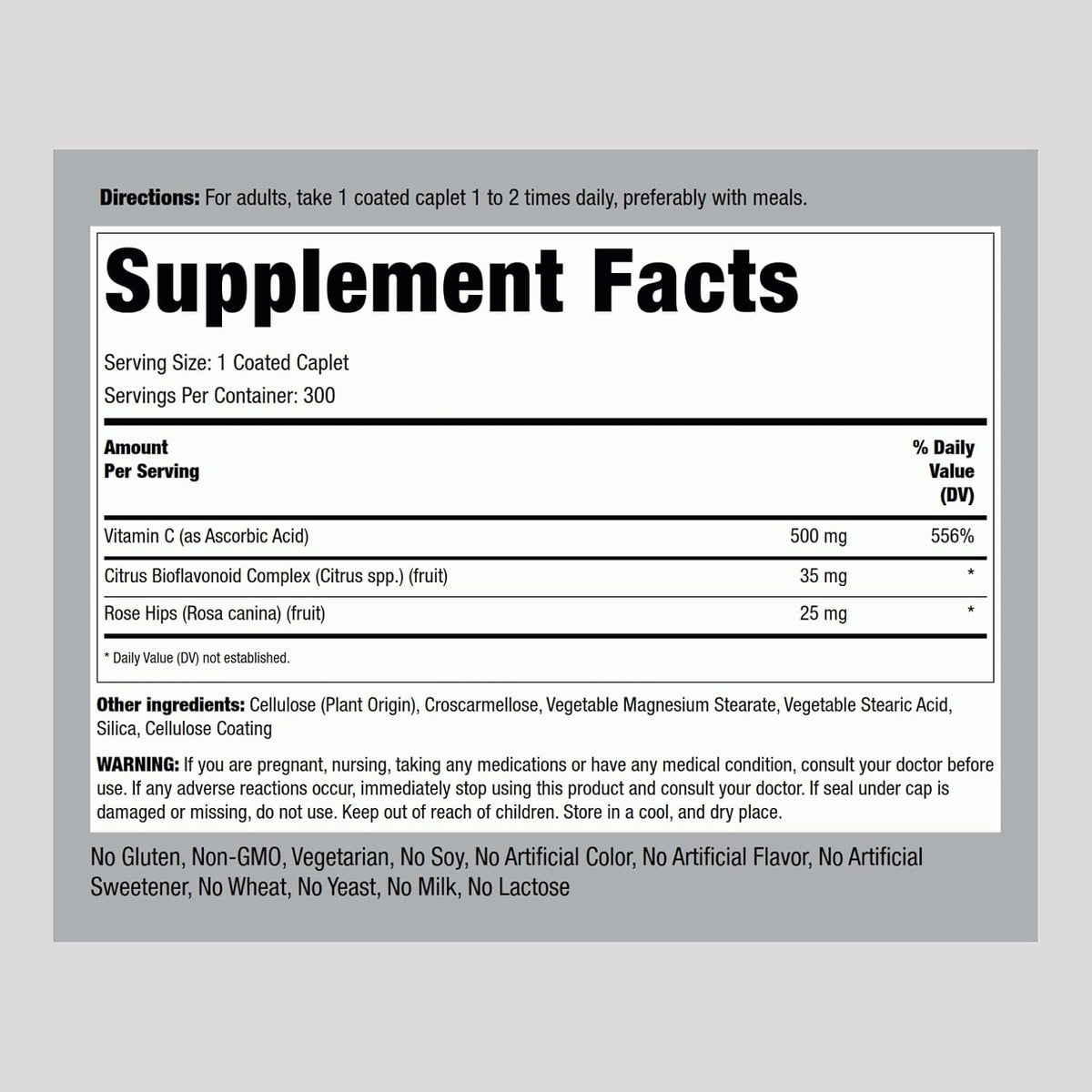 Piping Rock Vitamin C 500 mg with Rose Hips and Bioflavonoids, 300 Coated Caplets - görsel 2