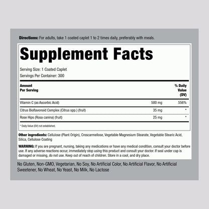 Piping Rock Vitamin C 500 mg with Rose Hips and Bioflavonoids, 300 Coated Caplets