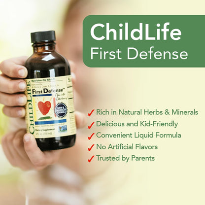 CHILDLIFE ESSENTIALS First Defence – Liquid Immune Support for Children, Elderberry & Zinc, Non-GM, Gluten-free, 4 fl oz (118 ml) (Pack of 3)