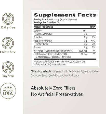 Microbiome Breakthrough Gut Support Powder – Vegetarian Vanilla – with Probiotics, Prebiotics and IgY Max – 30 Servings