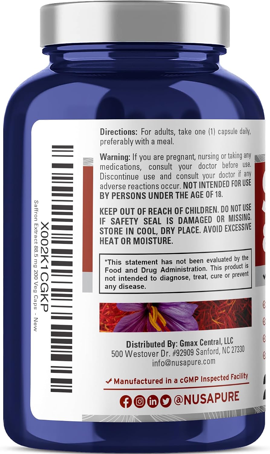 NusaPure Saffron Extract 88.5mg - 200 Vegetarian Capsules, Non-GMO, Vegan - görsel 3