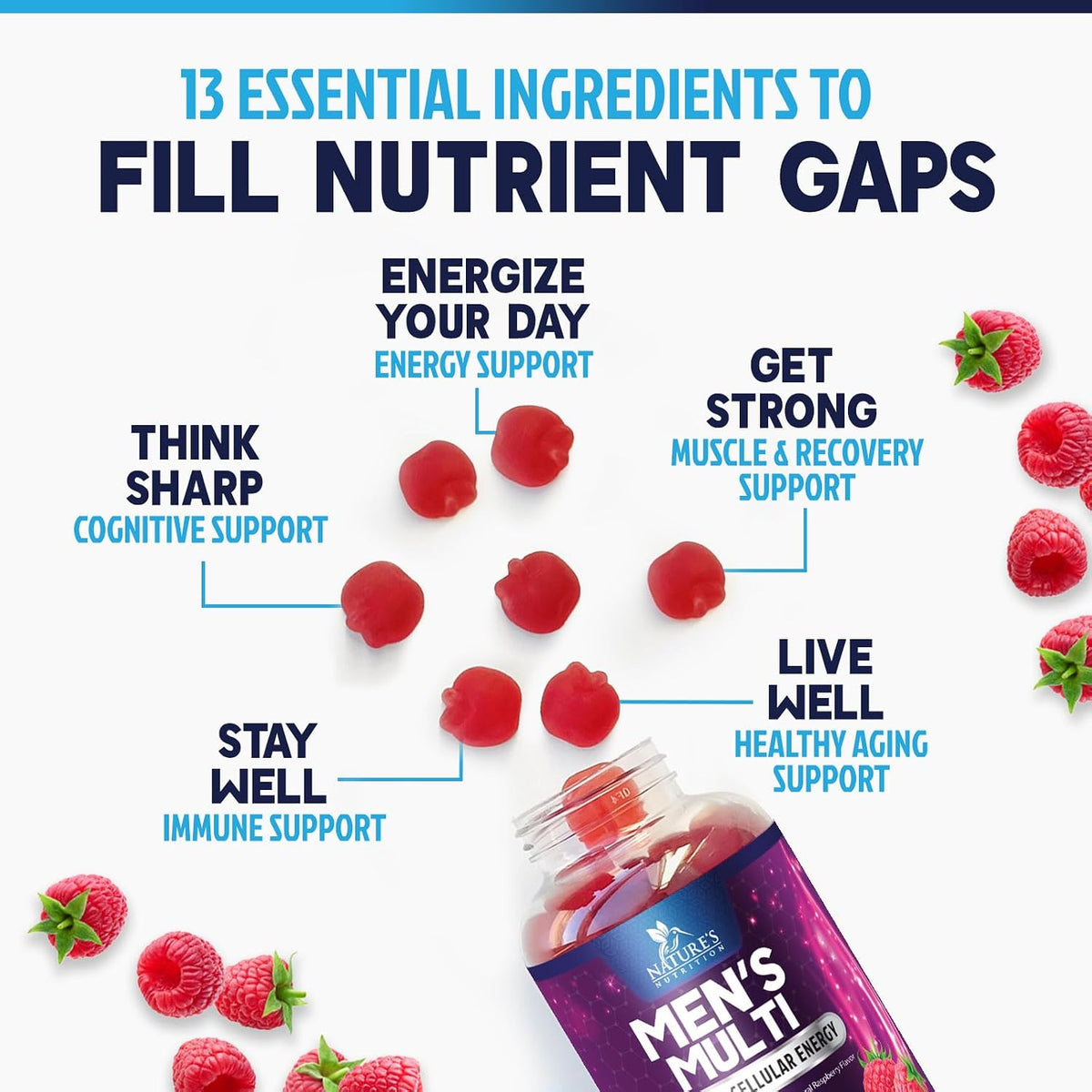 Multivitamin for Men - Complete Daily Men's Multivitamin Gummies with Vitamin D, B Vitamins, Zinc & More - Energy, Memory, Focus & Immune Health Support - 13 Essential Vitamins & Minerals - 60 Gummies - görsel 7