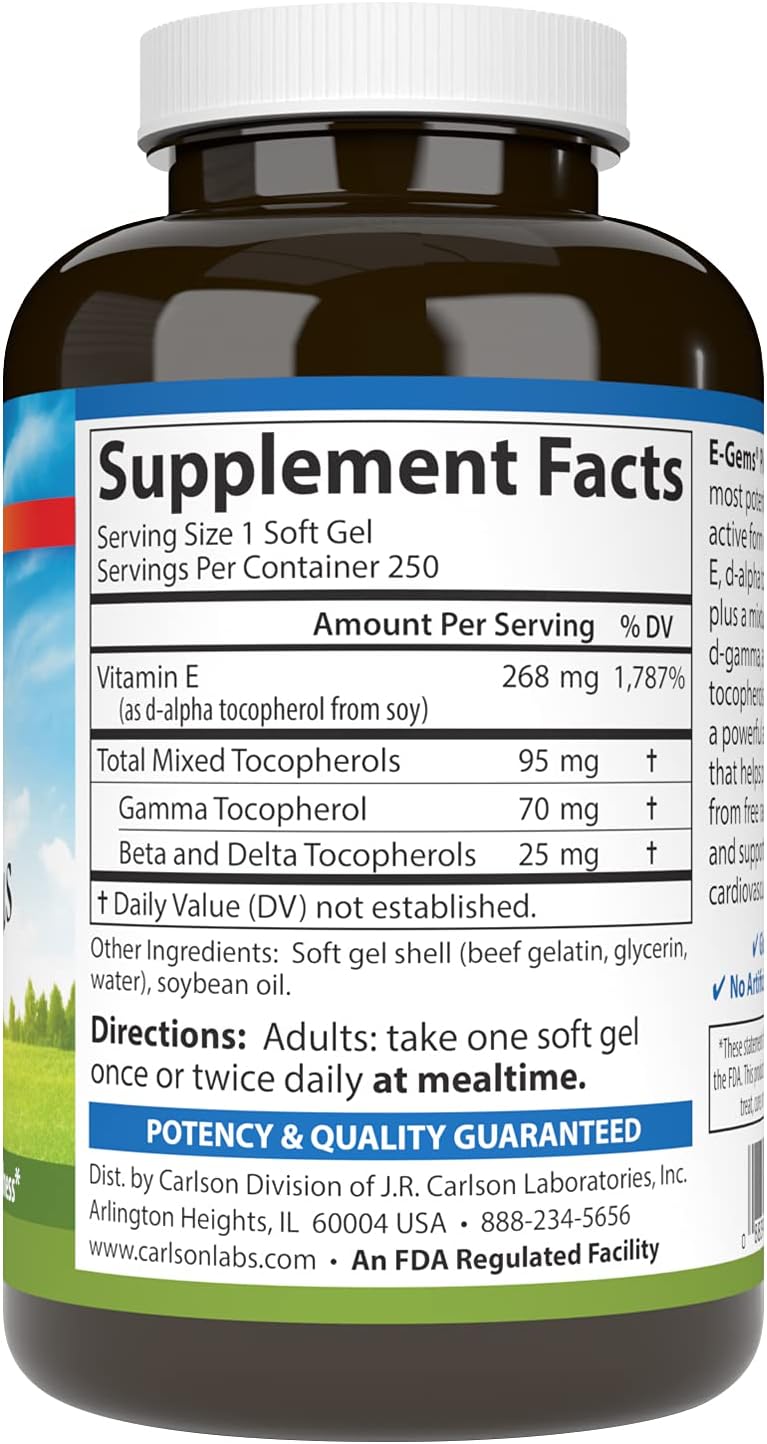 Carlson E-Gems Plus - Natural Vitamin E 400 IU, 250 Soft Gels - görsel 2