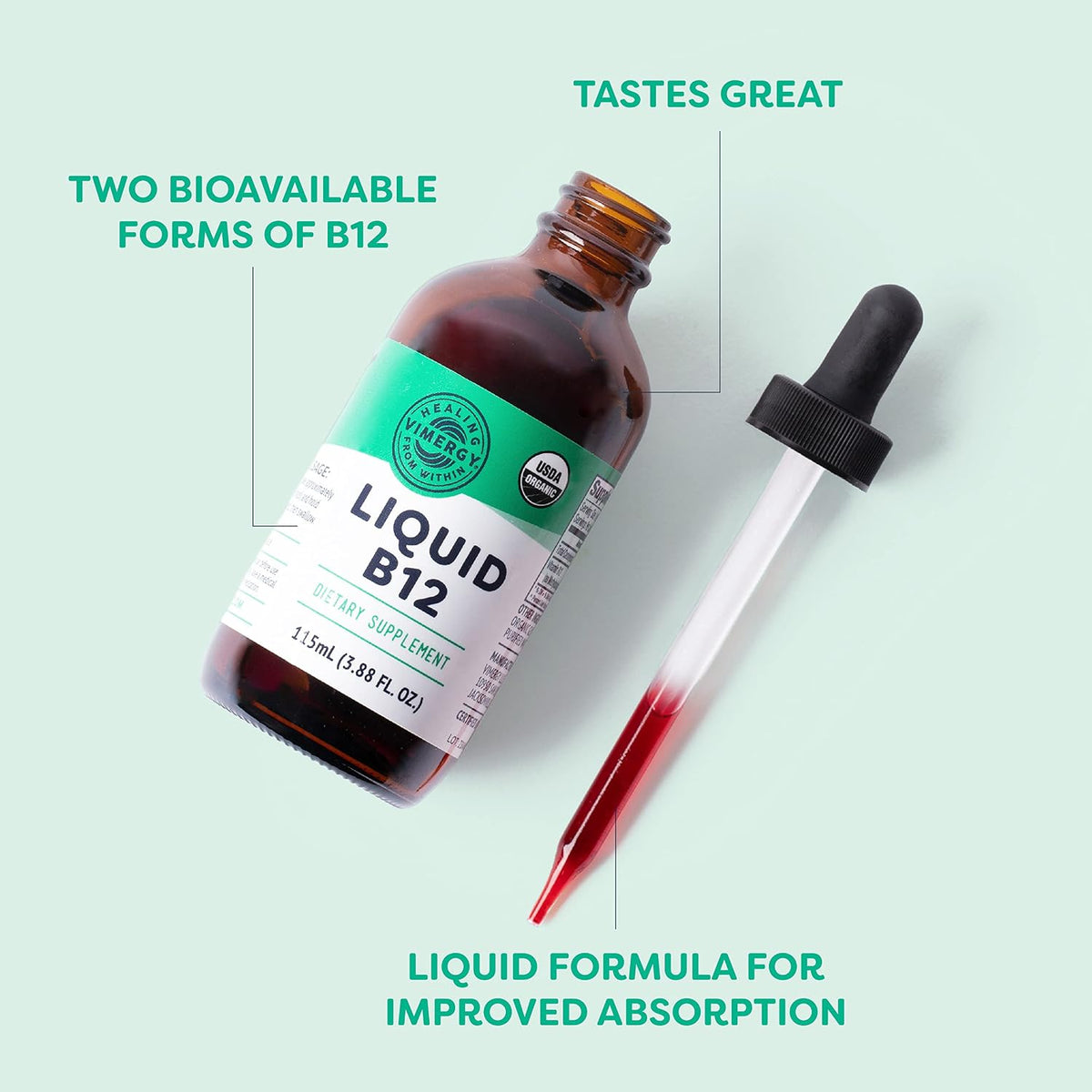 Vimergy USDA Organic Liquid Vitamin B12 – 2500 mcg, Methylcobalamin & Adenosylcobalamin - görsel 3