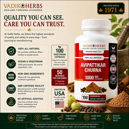 Vadik Herbs Avipattikar Churna, Amla Capsules with Pippali & Ginger, 100 Capsules