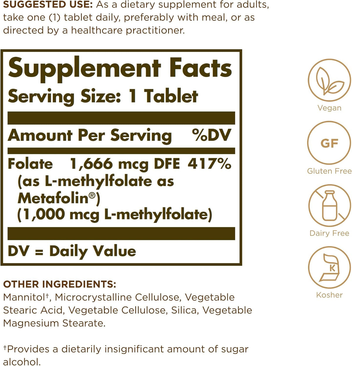 Solgar Folate (as Metafolin) 1000 mcg - görsel 2
