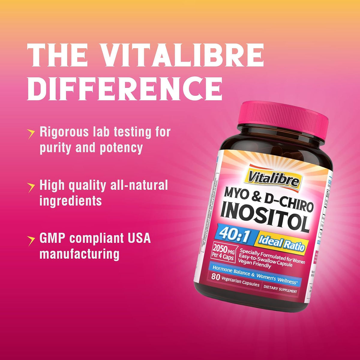 Vitalibre Inositol Supplement, Myo-Inositol & D-Chiro Inositol for Women, 40:1 Ideal Ratio, Hormonal Support and Women’s – Image 7
