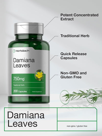 Horbäach Damiana Leaf Extract | 200 Capsules | Herbal Food Supplement