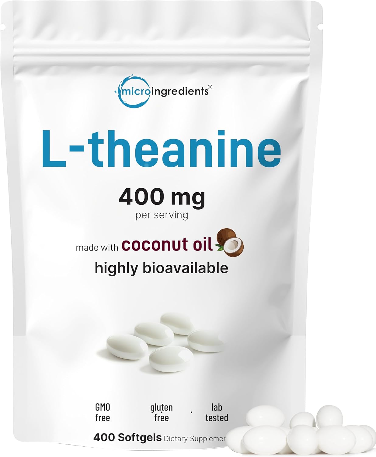 Micro Ingredients L-Theanine 400mg, 400 Soft gel capsules | Highly Bioavailable with Coconut Oil | Calm & Relaxation Support + Focus Supplement | Non-GMO, Gluten-free - görsel 1