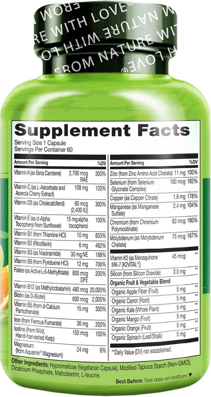 NATURELO Bariatric Multivitamin - One Daily with Iron - Post-Bariatric Surgery Supplement - Natural Whole Food Nutrition - 60 Veggie Capsules