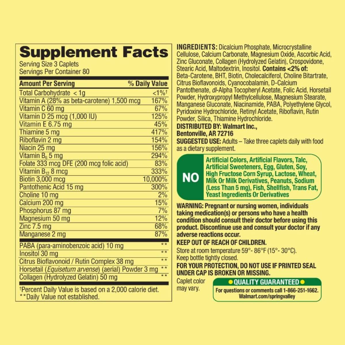 Spring Valley Hair, Skin & Nails Food Supplement - Over 20 Ingredients Including Biotin and Collagen, 240 Tablets - görsel 6