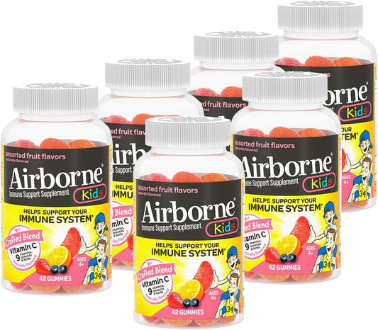 Airborne 500mg Vitamin C + Zinc Immune Support Gummies for Kids, Assorted Fruit Flavours, Gluten-free, 42 Gummies (6 Pack)