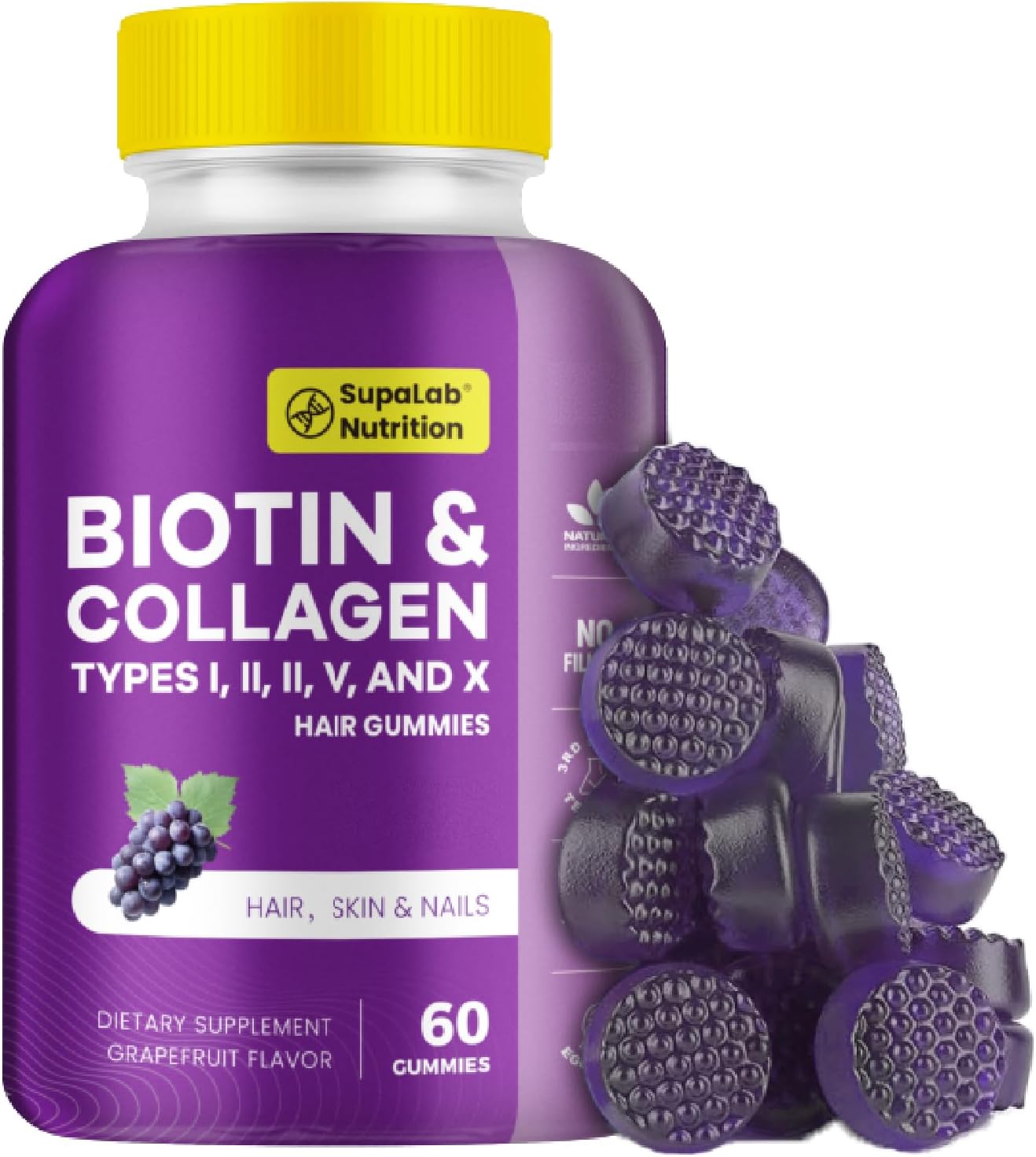 Biotin with Collagen Gummies for Skin, Hair, Nails, Joints & Bones Health, Grapefruit Flavour, 60 Gummies - görsel 1