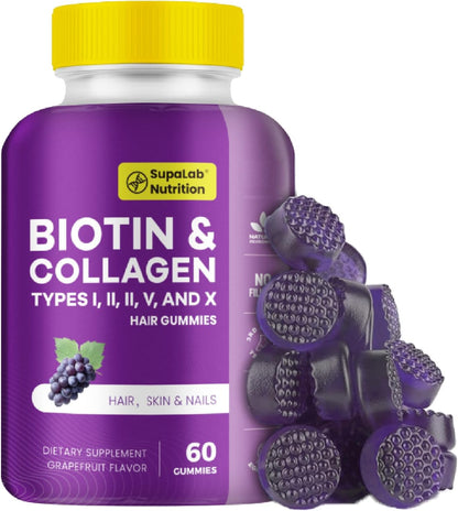 Biotin with Collagen Gummies for Skin, Hair, Nails, Joints & Bones Health, Grapefruit Flavour, 60 Gummies