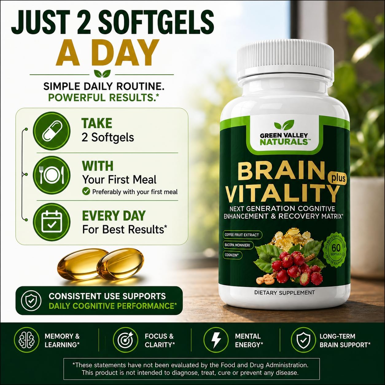 GREEN VALLEY NATURALS Brain Vitality Plus – Brain Health & Cognitive Support with Cognizin Citicoline, Bacopa Monnieri & DHA Omega-3 (60 Soft gel capsules) - görsel 9