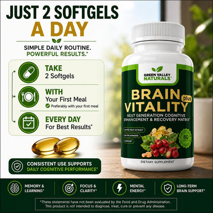 GREEN VALLEY NATURALS Brain Vitality Plus – Brain Health & Cognitive Support with Cognizin Citicoline, Bacopa Monnieri & DHA Omega-3 (60 Soft gel capsules)