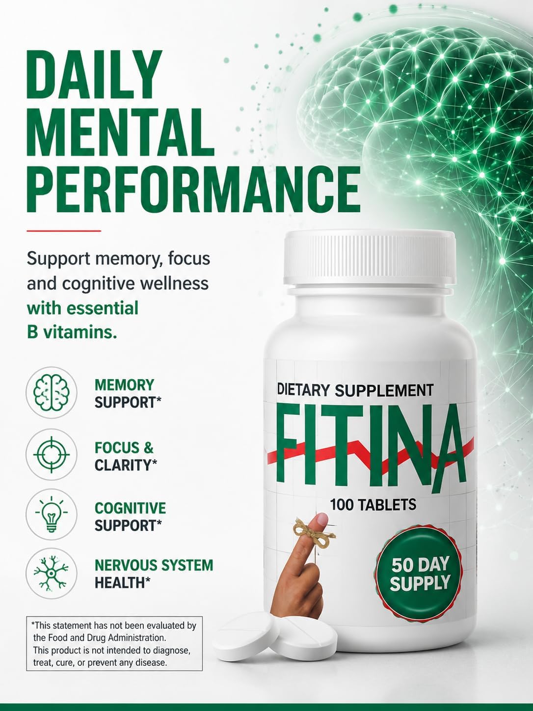 Fitina Brain Supplement – High-Dose B Vitamins for Memory and Focus, 100 Tablets (50 Servings) - görsel 2