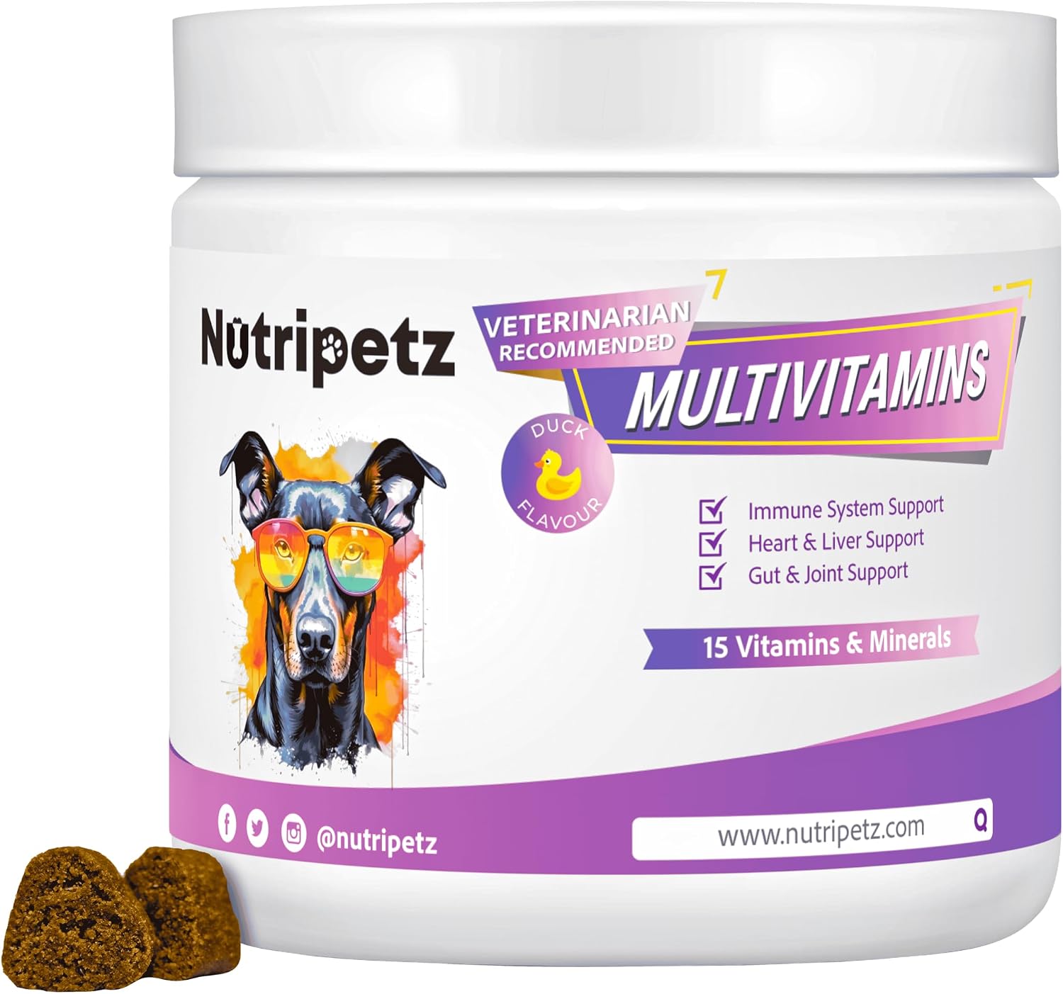 Nutripetz 15 Vitamins & Minerals Pet Supplement - 120 Soft Chews, Duck Flavour - All-in-One with Glucosamine & Probiotics for Dogs & Cats - görsel 1