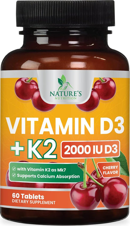 Nature's Nutrition Vitamin D3 K2 Chewable - 2000 IU D3 + 75 mcg MK-7 - Berry Flavour - 60 Tablets