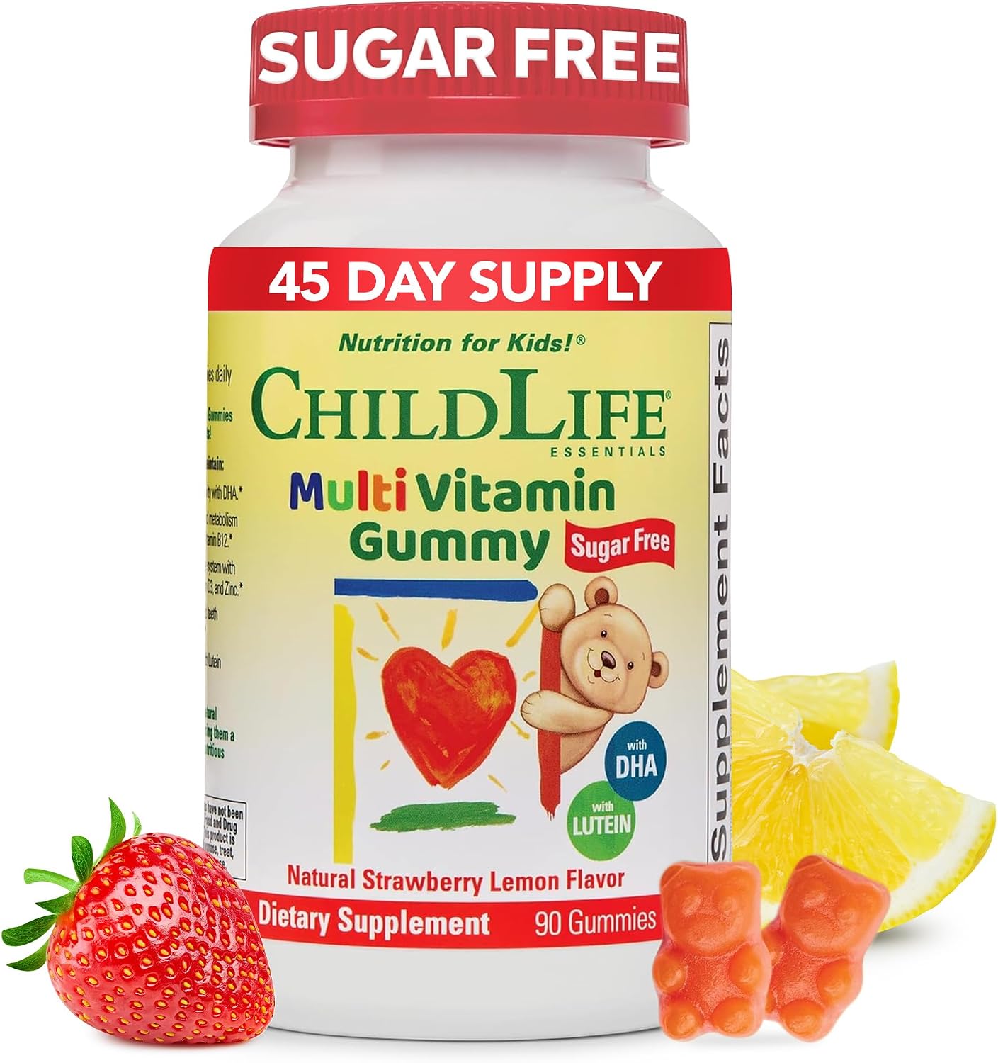 CHILDLIFE ESSENTIALS Multivitamin Gummies for Children – Sugar-Free, with DHA & Lutein, Natural Strawberry Flavour (90 Count) - görsel 1