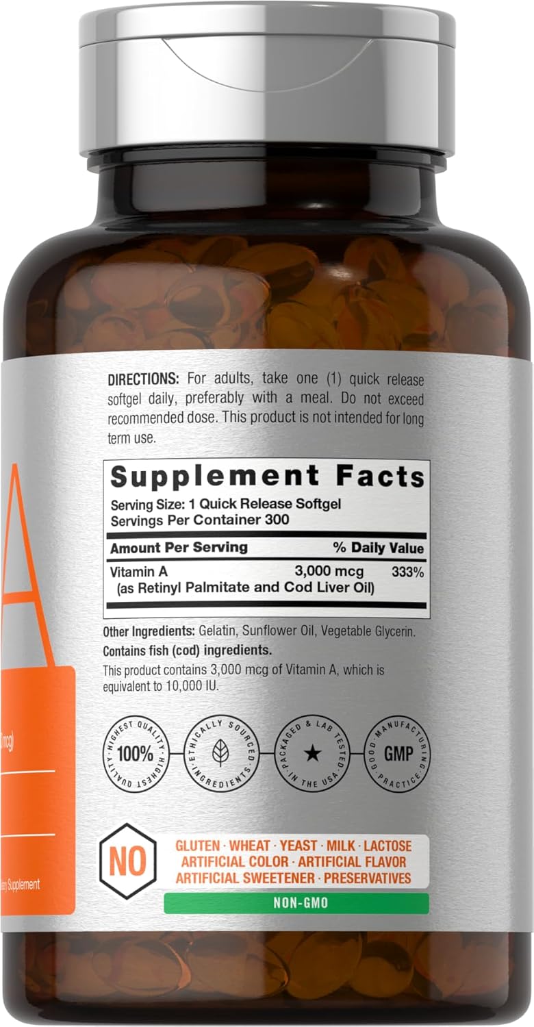 Horbäach Vitamin A 10,000 IU Softgels - 300 Count - Non-GM, Gluten-free Supplement - görsel 2