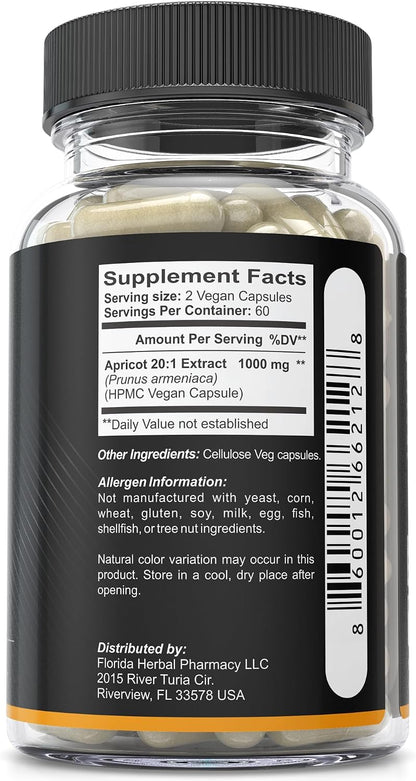 Florida Herbal Pharmacy Apricot Extract Capsules 20:1 (120 Capsules) 500 mg per Capsule, 1000 mg per Serving