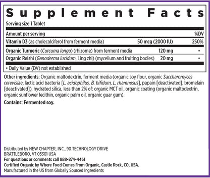 New Chapter Fermented Vitamin D3 2,000 IU – Organic Immune and Bone Support with Turmeric and Reishi Mushroom, 90 Vegetarian Tablets