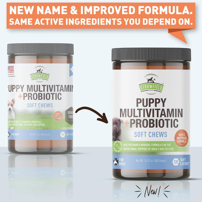 Strawfield Pets Puppy Multivitamin + Probiotics with Joint Support, Peanut Butter Flavour, 120 Soft Chews