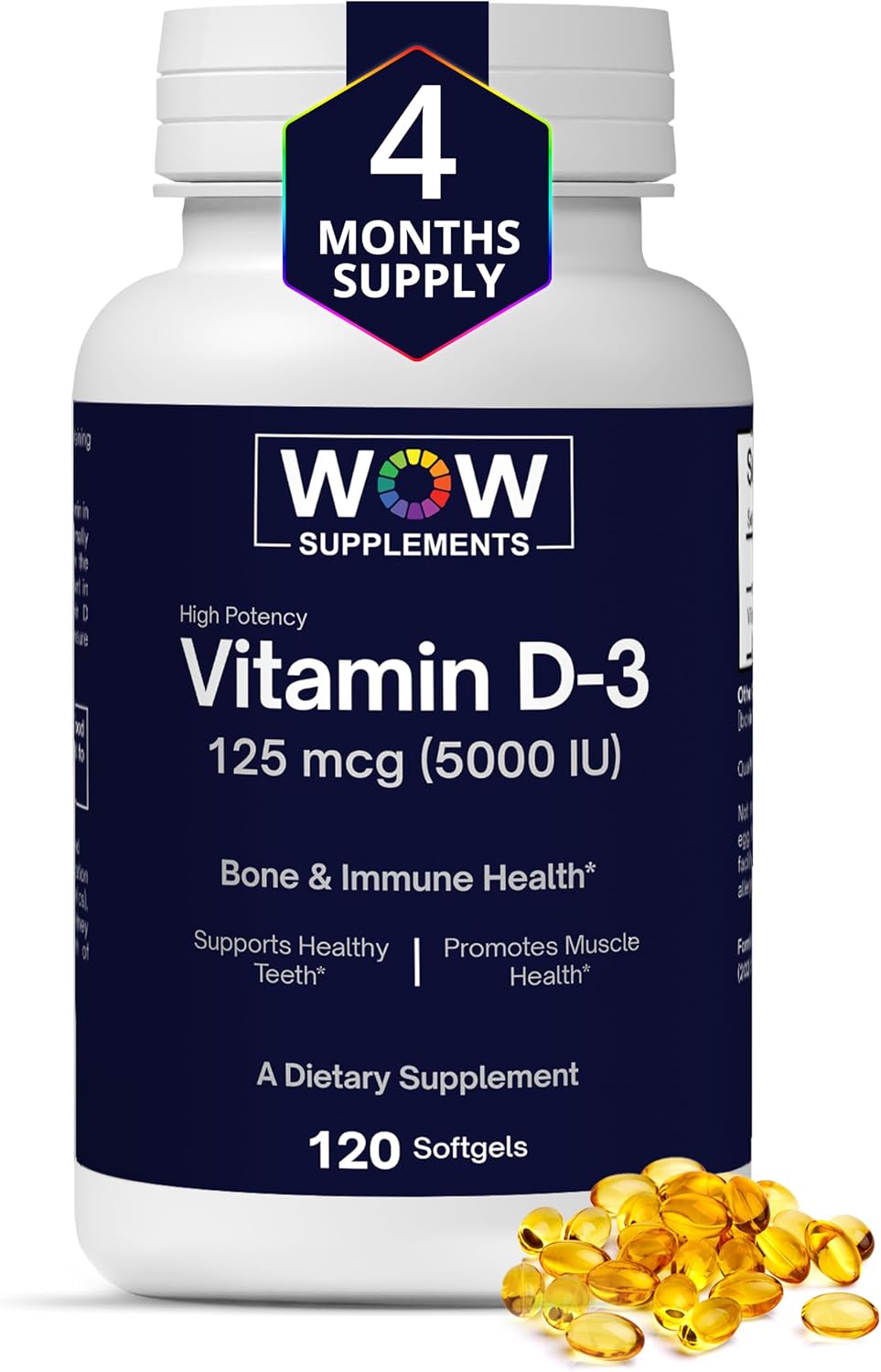 Vitamin D3 5000 IU Soft gel capsules - 125 mcg - Non-GMO, Gluten-free - 120 Count - görsel 1