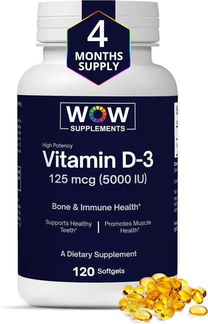Vitamin D3 5000 IU Soft gel capsules - 125 mcg - Non-GMO, Gluten-free - 120 Count