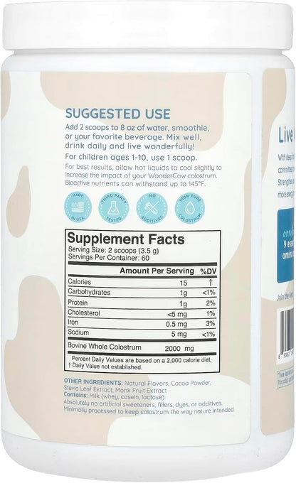 WONDERCOW Colostrum Supplement Powder – Whole Bovine Colostrum, Chocolate, 60 Servings