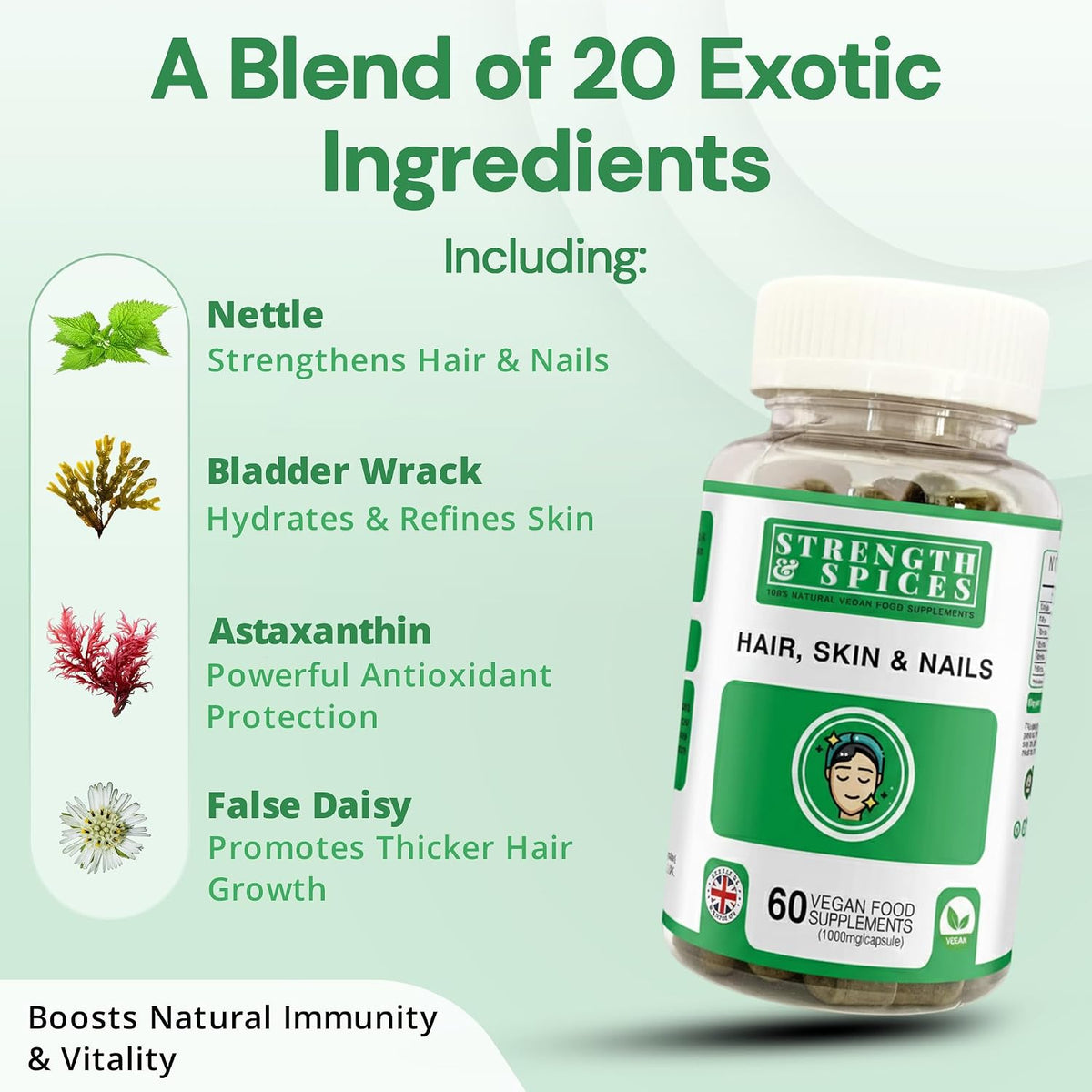 Strength & Spices Hair, Skin & Nails 100% Natural Supplement – 20 Ingredients with Biotin, Selenium & Zinc, 60 Vegan Capsules - görsel 3