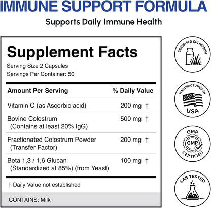 Oramune Max Support Supplement | Transfer Factor, Bovine Colostrum, Beta-Glucan and Vitamin C - 100 Capsules