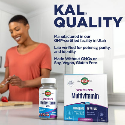KAL Women's Multivitamin AM/PM - 2-in-1 Multivitamin with Ashwagandha, Silica, Organic Spirulina and GABA - Vegan - 120 Tablets