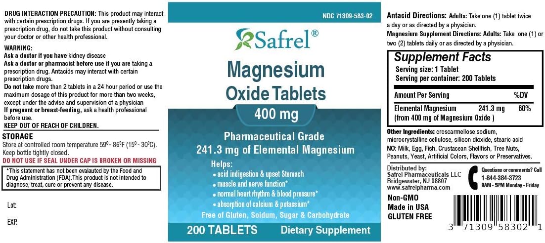 Safrel Magnesium 400mg Tablets, High Potency Magnesium Oxide Supplement for Muscle Cramps, Relaxation, Nerve and Immune Support (200 Count) - görsel 4
