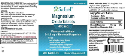 Safrel Magnesium 400mg Tablets, High Potency Magnesium Oxide Supplement for Muscle Cramps, Relaxation, Nerve and Immune Support (200 Count)