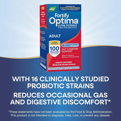 Nature's Way Fortify Optima Probiotic for Adults, 100 Billion Live Cultures, 16 Strains, Supports Digestive and Immune Health, Plant-Based Prebiotic Fibre, 30 Capsules (Packaging May Vary)