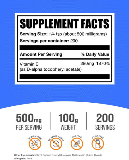 Vitamin E 400 IU Powder - D-Alpha Tocopherol, Gluten-Free, 100g