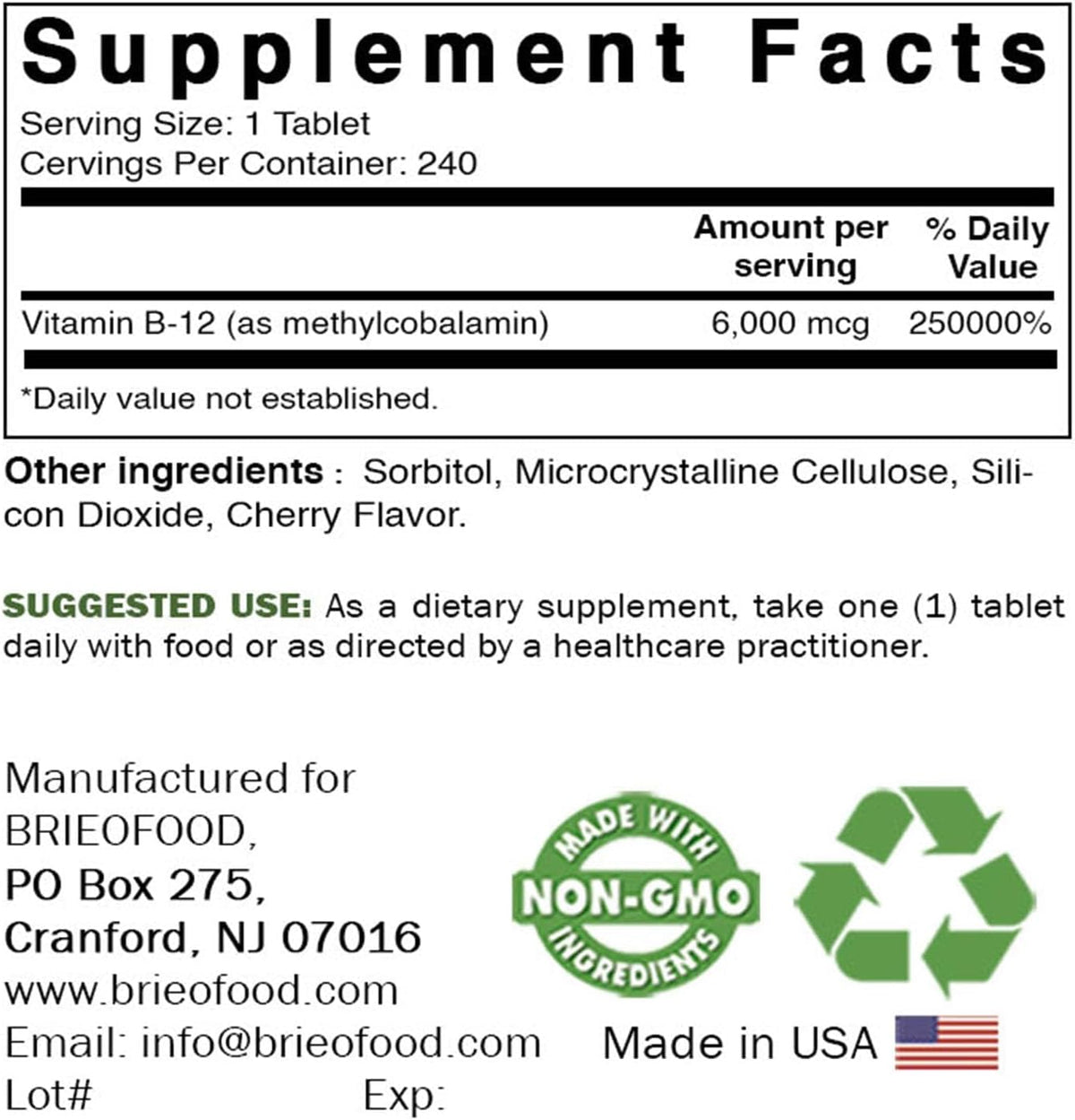 Brieofood Vitamin B-12 (Methylcobalamin) 6000 mcg, 240 Tablets - Non-GMO, Gluten-free - görsel 2
