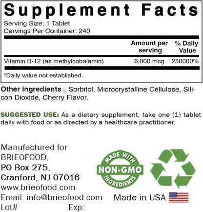 Brieofood Vitamin B-12 (Methylcobalamin) 6000 mcg, 240 Tablets - Non-GMO, Gluten-free