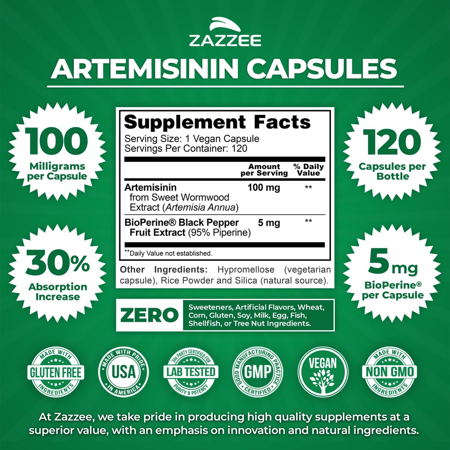 Zazzee High Absorption Artemisinin – 100 mg per Capsule with BioPerine, 120 Vegan Capsules - görsel 3