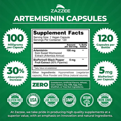 Zazzee High Absorption Artemisinin – 100 mg per Capsule with BioPerine, 120 Vegan Capsules