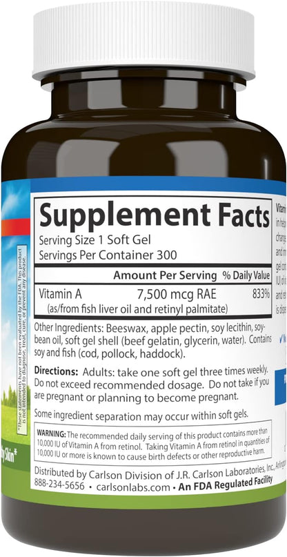 Carlson Vitamin A with Pectin, 25000 IU, 300 Softgels