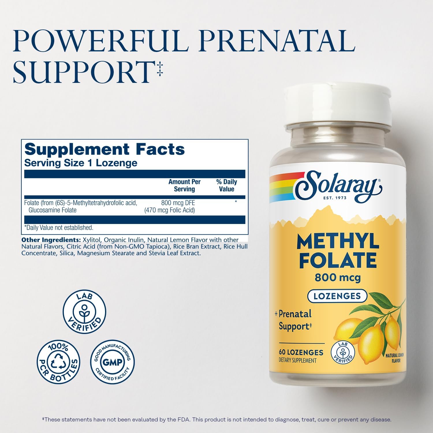 SOLARAY Methyl Folate 800 mcg – 5-MTHF Active Folate Supplement – Natural Lemon Flavour – 60 Lozenges - görsel 2