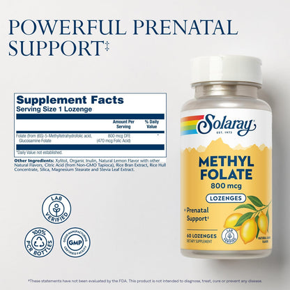 SOLARAY Methyl Folate 800 mcg – 5-MTHF Active Folate Supplement – Natural Lemon Flavour – 60 Lozenges